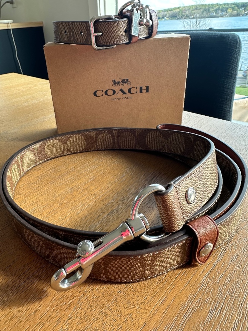 NEW Coach Beige Signature Dog Collar & Matching Leash